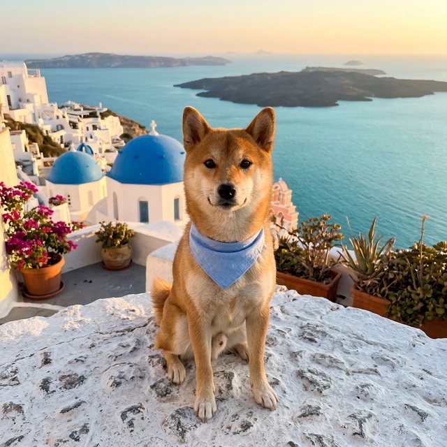 同じ柴犬がサントリーニ島の夕日の前にいる写真(見本)